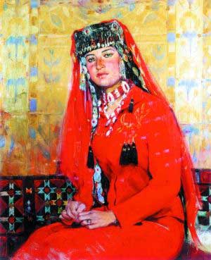 全山石《盛装的塔吉克姑娘阿依古丽》　　新彊写生让全山石继从列宾美术学院毕业归国以来再次找到了鲜艳的色彩和明亮耀眼的光线，找到了一个“亚欧洲”的油画素材的宝库。他直接从生活中捕捉形象，有感而发的作画，每幅画都好比日记一样，记录着他对生活的感受和理解。在新疆的这种迅速作画方式，迫使全山石找到一种更自由、更单纯的油画技法，一种大面积平涂的浓郁色彩，一种不受体面限制的、舒展的“写”的风格。例如这张阿依古丽，从红色帽子上飘落下来的轻纱，大刀阔斧地摆上一些颜料，便呈现出了纱巾轻盈透明的质地。在中国美术学院副教授孙景刚看来，把中国的传统的笔墨，尤其是那种笔性跟自己的绘画结合起来，同时注意到绘画里的书写性，是全山石油画最大的特点。