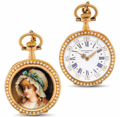 百达翡丽，18K红金镶珍珠珐琅彩绘怀表，约1890年制，在香港佳士得2013年春拍中以13.75万港元成交（约合人民币11万元）。