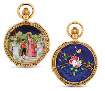 Invicta, 18K金及珐琅镶珍珠猎壳怀表，配三问功能，约1890年制，在香港佳士得2013年春拍中以18.75万港元（约合人民币15万元）成交。