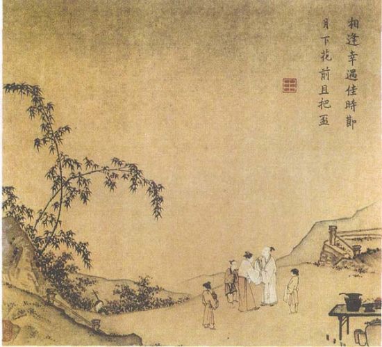 图为宋代马远《月下把杯图》 图为宋代马远《月下把杯图》