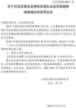 足协给张晓彬开罚单 足协给张晓彬开罚单