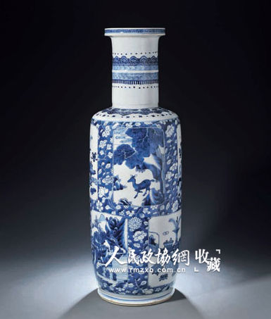 清康熙 青花缠枝莲开光山水人物瑞兽博古图大棒槌瓶 59.8万元成交_副本 清康熙 青花缠枝莲开光山水人物瑞兽博古图大棒槌瓶 59.8万元成交_副本