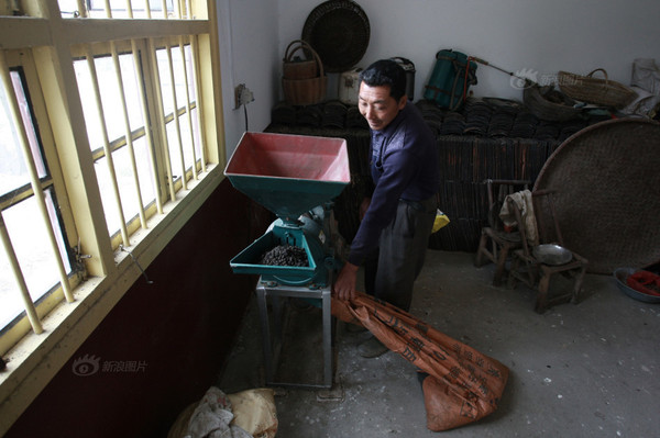 村民王先生用脱米机将已经干燥的羊粪磨成粉。