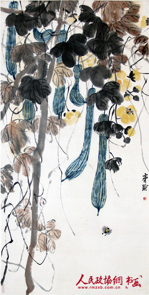 齐白石 丝瓜蜜蜂 设色纸本 立轴 135×68_副本