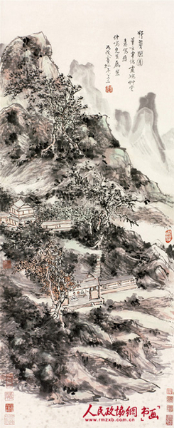 黄宾虹 挹翠阁图 设色纸本 立轴105×46cm_副本