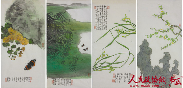 陈佩秋 四君子图 设色纸本镜心66×33cm×4_副本 陈佩秋 四君子图 设色纸本镜心66×33cm×4_副本