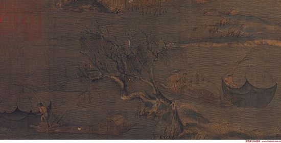 台北故宫博物院藏南唐赵干《江行初雪图》(局部) 台北故宫博物院藏南唐赵干《江行初雪图》(局部)