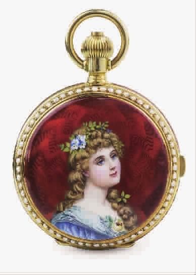 乌利文双面珐琅珠边三问18K金壳大自鸣怀表 乌利文双面珐琅珠边三问18K金壳大自鸣怀表