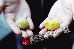 李女士买到的问题鸡蛋蛋黄(右)与普通鸡蛋蛋黄对比 李女士买到的问题鸡蛋蛋黄(右)与普通鸡蛋蛋黄对比