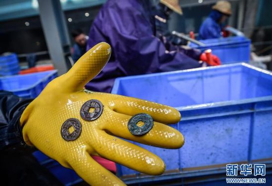 这是考古工作者对“南海一号”上清理出来的淤泥海沙等凝结物进行水洗时发现的三枚古钱。