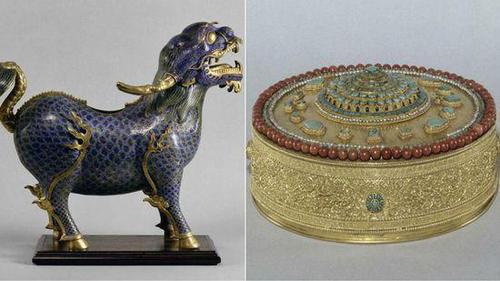 图片说明:此次失窃的圆明园旧藏景泰蓝麒麟和金曼扎 图片说明:此次失窃的圆明园旧藏景泰蓝麒麟和金曼扎