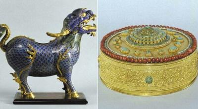 此次失窃的圆明园麒麟和镀金镶珊瑚松石坛城。 （资料图片）