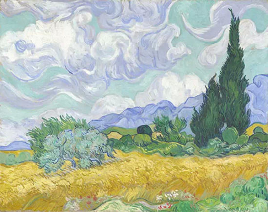 《麦田与柏树》(A Wheatfield with Cypresses，1889)
