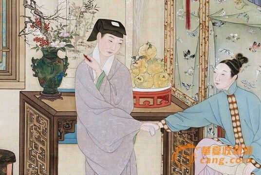 　　帐前大盘堆放香橼，并有一瓶岁寒清供，山茶、梅、南天竹