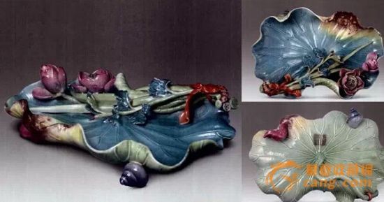 　　清宫旧藏乾隆粉彩贴塑荷叶香橼盘