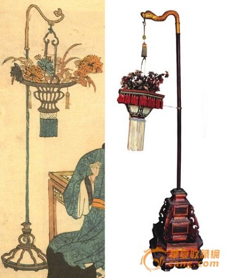 　　嘉庆间桃花坞版画花篮；养心殿东暖阁挑杆花篮。