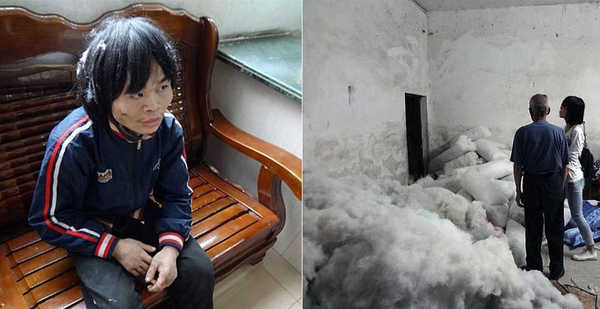 图为获救男子和黑作坊现场图 图为获救男子和黑作坊现场图