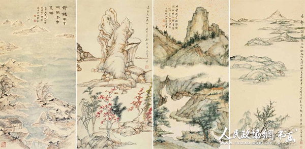晚明诸家笔意四时山水四条屏 纸本设色 1992年_副本 晚明诸家笔意四时山水四条屏 纸本设色 1992年_副本