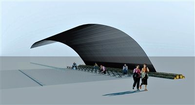 刘家琨作品《随风——由你选择2015》（效果图）充满寓意：原木象征着自然和初心，鱼竿是欲望的集合，垂下的线正是悬在头顶的达摩克利斯之剑。