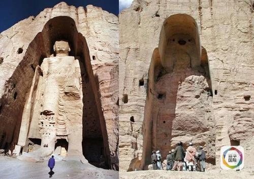 这张拼版照片上是被毁前后的阿富汗巴米扬大佛。左图是巴米扬大佛被毁前的资料照片（日期不详）。右图是2001年3月26日，一些塔利班武装人员站在被彻底摧毁的巴米扬大佛前