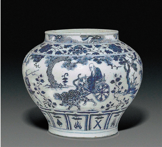 青花鬼谷下山图罐 元代 高27.5cm 直径33cm 私人收藏 青花鬼谷下山图罐 元代 高27.5cm 直径33cm 私人收藏