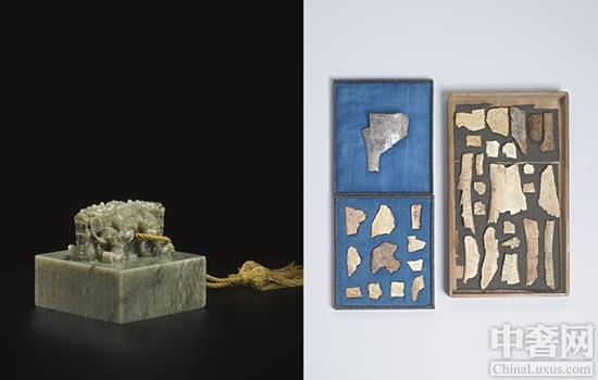 御制青玉交龙钮“大观堂宝”玺(左)和商代甲骨刻辞(右)