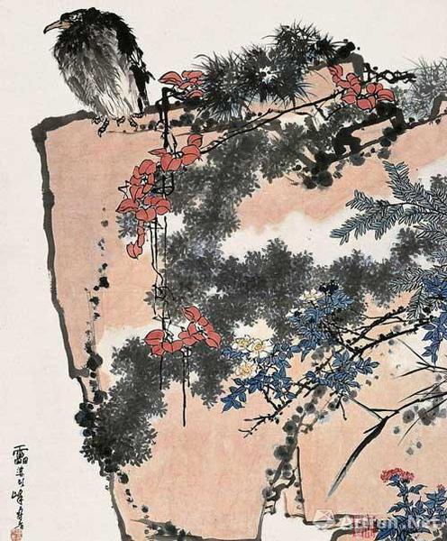 潘天寿《鹰石山花图》  潘天寿《鹰石山花图》