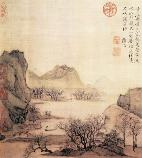 花溪渔隐图 陆治 册页 绢本设色 纵31.5厘米 横29.8厘米 北京故宫博物院藏 花溪渔隐图 陆治 册页 绢本设色 纵31.5厘米 横29.8厘米 北京故宫博物院藏