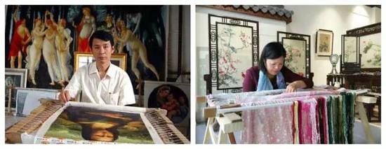 图为苏绣大师朱军成、黄林珍