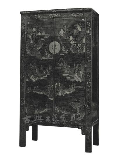 （一）清中晚期 红漆描金山水人物图方角柜（图1-1）

　　高204.5厘米，宽113.5厘米，深53.3厘米

　　此柜红漆为地，上描金彩绘纹饰，想象实物，定是富丽堂皇，光彩夺目。