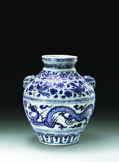 元青花龙凤花卉纹兽耳罐 元青花龙凤花卉纹兽耳罐