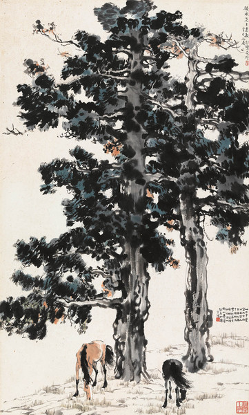 徐悲鸿作 《古柏双骏》 徐悲鸿作 《古柏双骏》