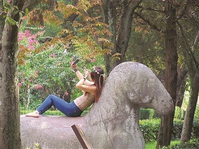 资料图：今年9月，媒体曝出有女子爬上石兽玩自拍，姿势不停变换。图片来源：扬子晚报