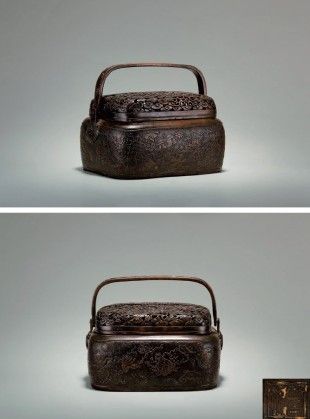 明 铜雕锦地龙纹八宝手炉