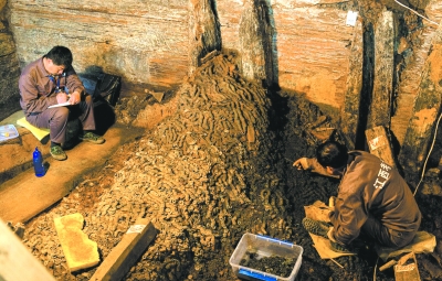 考古人员在清理南昌西汉大墓出土的钱币 郭晶 摄 考古人员在清理南昌西汉大墓出土的钱币 郭晶 摄