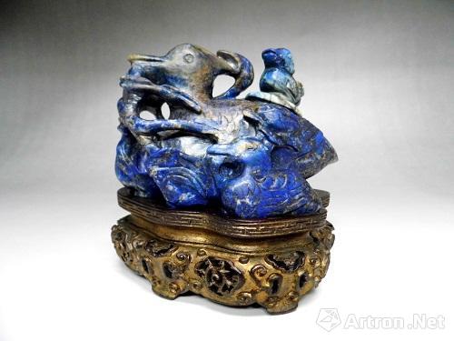 清中期青金石雕莲鹭纹水丞(正面)