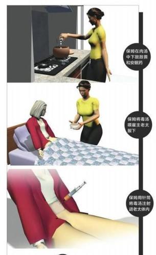 公诉人在庭上讯问作案细节，何天带作答时显得避重就轻。“放了多少敌敌畏在汤里面??？”何天带说，“没有放多少”?！霸趺锤缓θ撕鹊?？”何说“我就像喂小孩一样喂她喝?！焙翁齑腥嫌谜胪沧⑸涠救馓赖胶卫咸硖謇锩?，称“就像吸毒那样打”。