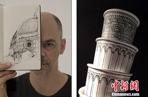 澳大利亚艺术家纸杯上作画搭建“比萨斜塔”(图)
