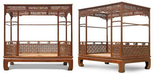 黄花梨簇云纹马蹄腿六柱式架子床 黄花梨簇云纹马蹄腿六柱式架子床