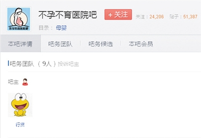 高血压吧的吧主与不孕不育医院吧的吧主同为一个叫“行货”的ID。 贴吧截图