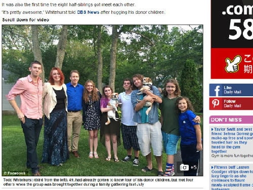 美國工程師陶德（左三），年輕時曾捐精4年共捐了400次，28年後已有22個孩子來認親。