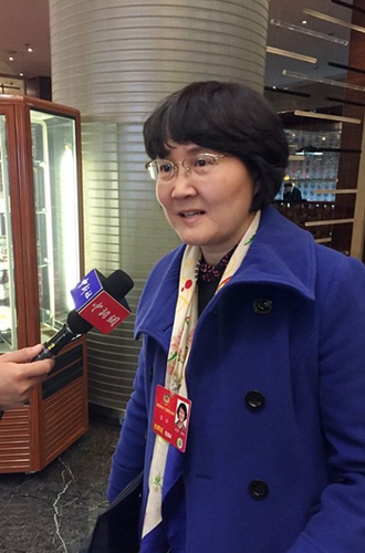 全国政协委员、民建中央调研部部长蔡玲在驻地接受采访。人民网记者 刘茸摄