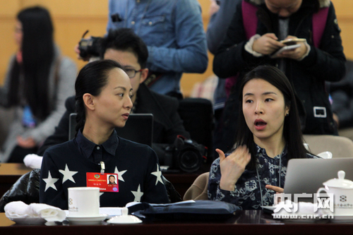 全国政协十二届四次会议文艺界别小组讨论会中，邰丽华委员通过手语翻译表达自己的观点（记者杨晓凡_摄）