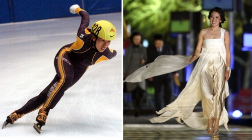 新华社照片，北京，2016年3月7日
    （体育·专题）（3）女汉子和女神：只是一件礼服的距离
    她们是女汉子，在赛场上纵横驰骋；她们也是女神，在舞台上妩媚摇曳。对于她们来说，女汉子和女神之间也许只是一件礼服的距离。2016年三·八妇女节来临之际，我们用一组图片展示赛场上那些女汉子变女神的各自风采。
    左图：2004年9月26日，冬奥会短道速滑冠军杨扬在2004短道速滑赛哈尔滨公开赛中。
    右图：2007年4月7日，杨扬出席“2006CCTV体坛风云人物年度评选”颁奖典礼。
    新华社发
    