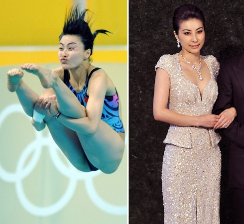 新华社照片，北京，2016年3月7日
    （体育·专题）（4）女汉子和女神：只是一件礼服的距离
    她们是女汉子，在赛场上纵横驰骋；她们也是女神，在舞台上妩媚摇曳。对于她们来说，女汉子和女神之间也许只是一件礼服的距离。2016年三·八妇女节来临之际，我们用一组图片展示赛场上那些女汉子变女神的各自风采。
    左图：2008年8月17日，中国选手郭晶晶在北京奥运会跳水比赛女子3米跳板决赛中。
    右图：2012年11月11日，郭晶晶与霍启刚在香港举办婚宴，这是她在婚宴前与媒体见面。
    新华社发
    