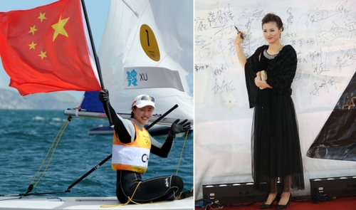 新华社照片，北京，2016年3月7日
    （体育·专题）（8）女汉子和女神：只是一件礼服的距离
    她们是女汉子，在赛场上纵横驰骋；她们也是女神，在舞台上妩媚摇曳。对于她们来说，女汉子和女神之间也许只是一件礼服的距离。2016年三·八妇女节来临之际，我们用一组图片展示赛场上那些女汉子变女神的各自风采。
    左图：2012年8月6日，中国选手徐莉佳在伦敦奥运会帆船女子单人艇－激光雷迪尔级比赛中。
    右图：2013年1月19日，徐莉佳出席“2012CCTV体坛风云人物年度评选”颁奖典礼。
    新华社发
    