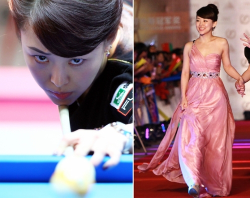 新华社照片，北京，2016年3月7日
    （体育·专题）（17）女汉子和女神：只是一件礼服的距离
    她们是女汉子，在赛场上纵横驰骋；她们也是女神，在舞台上妩媚摇曳。对于她们来说，女汉子和女神之间也许只是一件礼服的距离。2016年三·八妇女节来临之际，我们用一组图片展示赛场上那些女汉子变女神的各自风采。
    左图：2011年3月10日，中国选手潘晓婷在世界女子花式台球公开赛中。
    右图：2011年10月11日，潘晓婷出席2011年中国十佳劳伦斯冠军奖颁奖典礼。
    新华社发
    