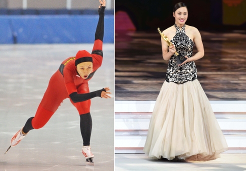 新华社照片，北京，2016年3月7日
    （体育·专题）（10）女汉子和女神：只是一件礼服的距离
    她们是女汉子，在赛场上纵横驰骋；她们也是女神，在舞台上妩媚摇曳。对于她们来说，女汉子和女神之间也许只是一件礼服的距离。2016年三·八妇女节来临之际，我们用一组图片展示赛场上那些女汉子变女神的各自风采。
    左图：2015年10月25日，解放军代表队选手张虹在全国速度滑冰冠军赛女子500米比赛中。
    右图：2015年2月1日，张虹出席“2014CCTV体坛风云人物年度评选”颁奖典礼。
    新华社发
    