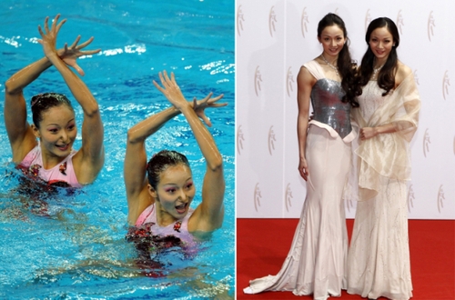 新华社照片，北京，2016年3月7日
    （体育·专题）（11）女汉子和女神：只是一件礼服的距离
    她们是女汉子，在赛场上纵横驰骋；她们也是女神，在舞台上妩媚摇曳。对于她们来说，女汉子和女神之间也许只是一件礼服的距离。2016年三·八妇女节来临之际，我们用一组图片展示赛场上那些女汉子变女神的各自风采。
    左图：2009年10月17日，四川队选手蒋婷婷/蒋文文在第十一届全国运动会花样游泳双人技术自选比赛中。
   右图：2012年1月15日，蒋婷婷/蒋文文出席“2011CCTV体坛风云人物年度评选”颁奖典礼。
    新华社发
    