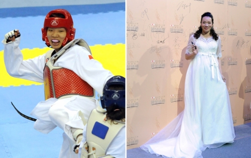 新华社照片，北京，2016年3月7日
    （体育·专题）（12）女汉子和女神：只是一件礼服的距离
    她们是女汉子，在赛场上纵横驰骋；她们也是女神，在舞台上妩媚摇曳。对于她们来说，女汉子和女神之间也许只是一件礼服的距离。2016年三·八妇女节来临之际，我们用一组图片展示赛场上那些女汉子变女神的各自风采。
    左图：2008年4月27日，中国选手陈中在亚洲跆拳道锦标赛女子72公斤以上级决赛中。
    右图：2014年1月11日，陈中出席“2013CCTV体坛风云人物年度评选”颁奖典礼。
    新华社发
    